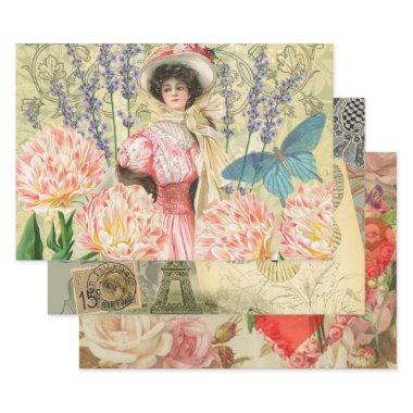 Pink Floral Victorian Woman Regency Wrapping Paper Sheets