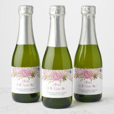 Pink Floral Watercolor Botanical Bridal Shower min Sparkling Wine Label