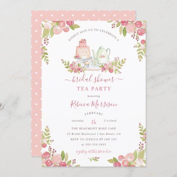 Pink Floral Watercolor Bridal Shower Tea Party Invitations