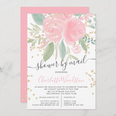 Pink floral watercolor gold baby shower by mail Invitations