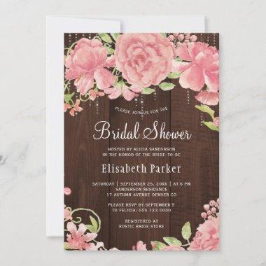 Pink floral watercolor rustic wood bridal shower Invitations