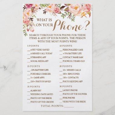 Pink Floral What is on your Phone Shower Game Invitations Flyer