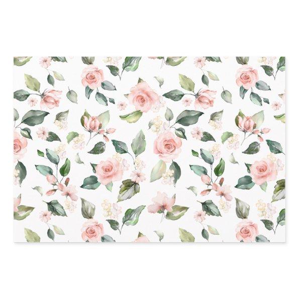 Pink floral white roses Paper Flat Sheet Set of 3