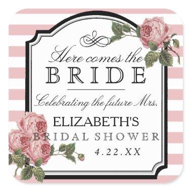 Pink Floral With Stripes Bridal Shower Favor Square Sticker