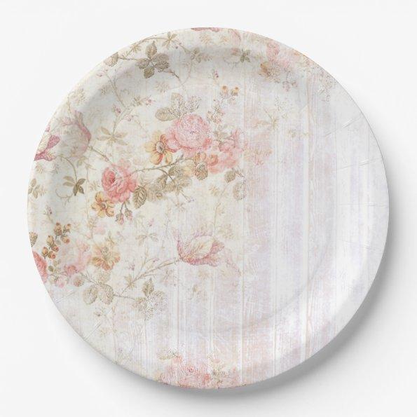 Pink Floral & Wood Shabby Chic Paper Plate