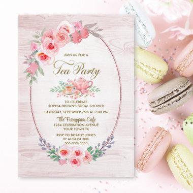 Pink Floral Wood Tea Party Bridal Shower Invitations