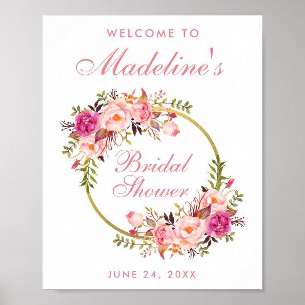 Pink Floral Wreath Gold Bridal Shower Welcome Poster