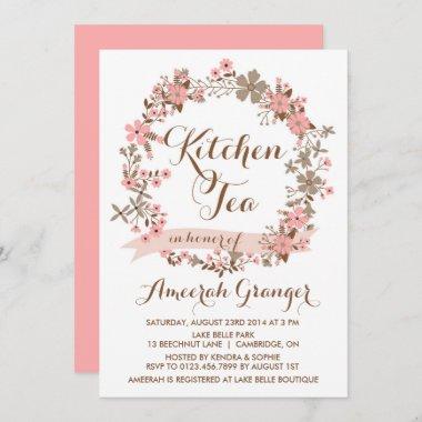 Pink Floral Wreath Kitchen Tea Party Invitations