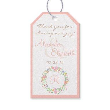 Pink Floral Wreath - Monogrammed Gift Tags