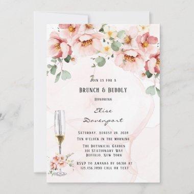 Pink Florals Elegant Eucalyptus Brunch & Bubbly Invitations