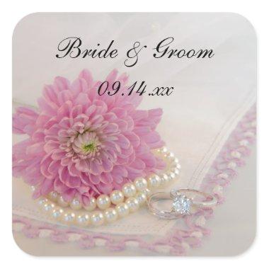Pink Flower, Lace and Rings Wedding Envelope Seals