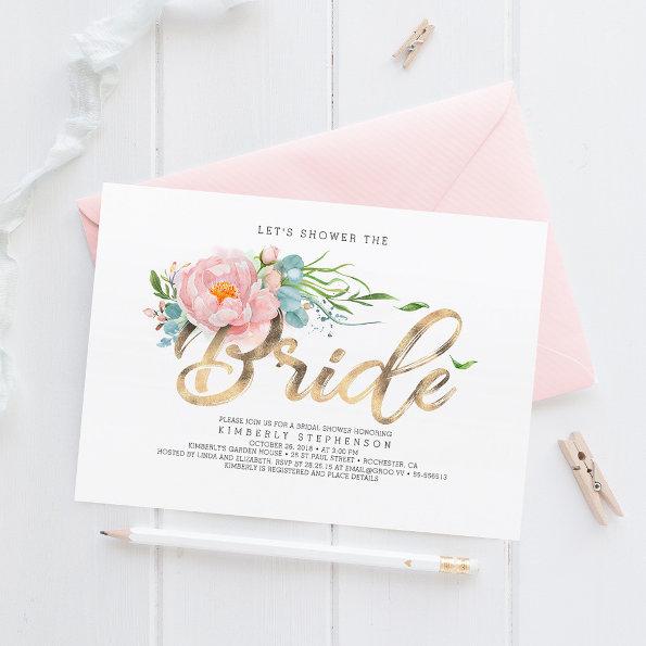 Pink Flowers and Gold Glitter Modern Bridal Shower Invitations