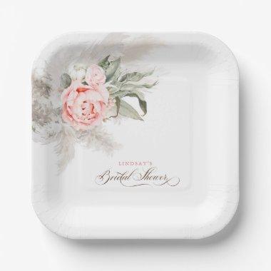 Pink Flowers and Pampas Grass Boho Bridal Shower Paper Plates