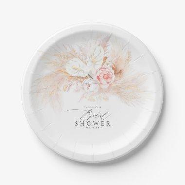 Pink Flowers and Pampas Grass Bridal Shower Paper Plates
