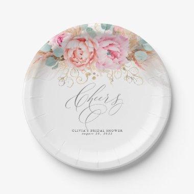 Pink Flowers and Pampas Grass Cheers Paper Plates