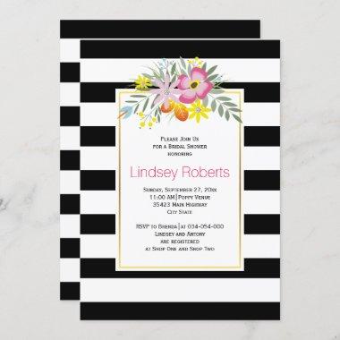 Pink flowers and stripes wedding bridal shower Invitations
