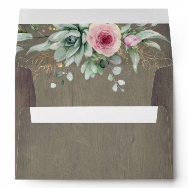 Pink Flowers and Succulents Rustic Wood Envelope