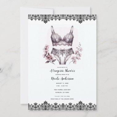 Pink Flowers & Black Lace Lacey Lingerie Shower Invitations
