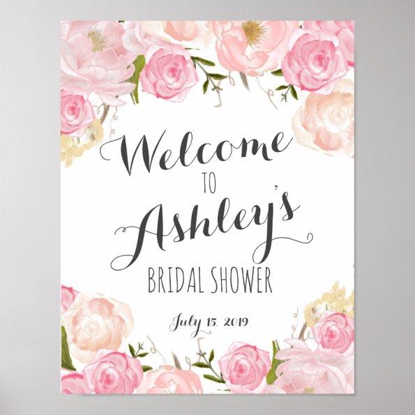 Pink flowers Bridal shower welcome sign