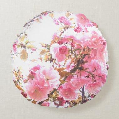 Pink Flowers Cherry Blossom Floral Patterns Sakura Round Pillow