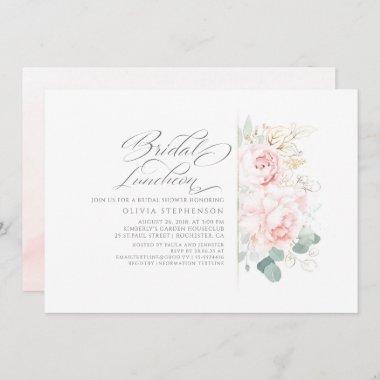 Pink Flowers Gold Greenery Bridal Shower Luncheon Invitations