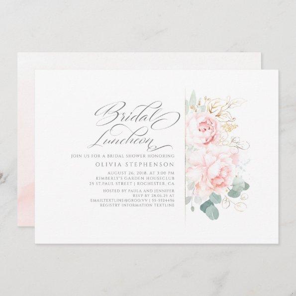 Pink Flowers Gold Greenery Bridal Shower Luncheon Invitations