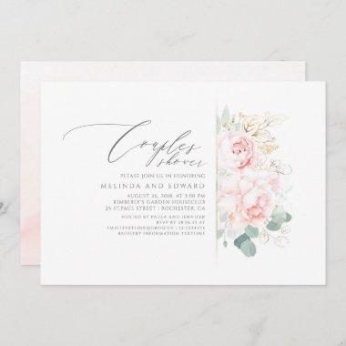 Pink Flowers Gold Greenery Couples Shower Invitations