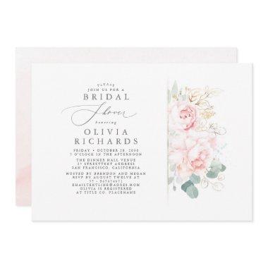 Pink Flowers Gold Leaves Elegant Bridal Shower Invitations