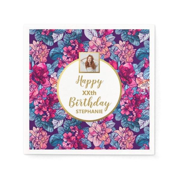 Pink Flowers, Photo, Any Age, Custom Birthday Napkins