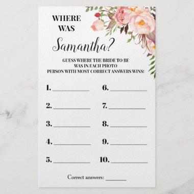 Pink Flowers Where was She Bridal Shower Game Invitations Flyer