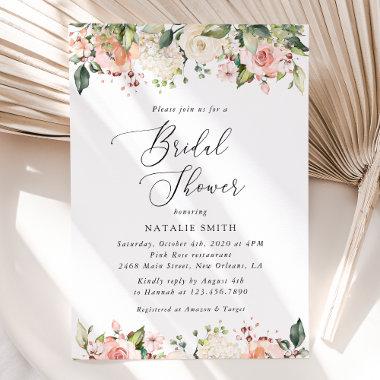 Pink Flowers, White Flowers, Boho, Bridal Shower Invitations