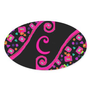 PINK FUCHSIA BLACK ABSTRACT DECO MONOGRAM OVAL STICKER