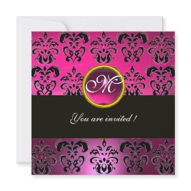 PINK FUCHSIA BLACK DAMASK MONOGRAM, amethyst Invitations