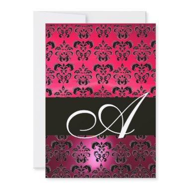 PINK FUCHSIA BLACK DAMASK MONOGRAM ,bright white Invitations