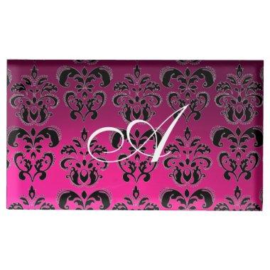 PINK,FUCHSIA BLACK,WHITE PURPLE DAMASK MONOGRAM TABLE CARD HOLDER