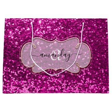 Pink Fuchsia Framed Royal Monogram Name Glitter Large Gift Bag