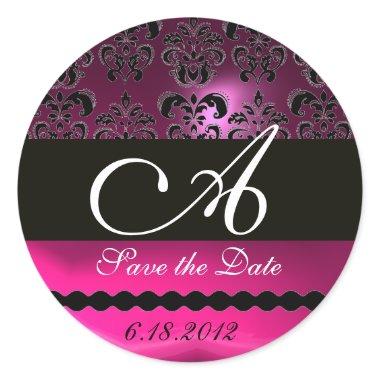 PINK FUCHSIA PURPLE DAMASK MONOGRAM, violet Classic Round Sticker