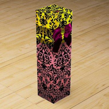 PINK FUCHSIA RIBBON, BLACK GOLD ART NOUVEAU DAMASK WINE GIFT BOX