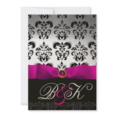 PINK FUCHSIA RIBBON WHITE BLACK DAMASK MONOGRAM Invitations