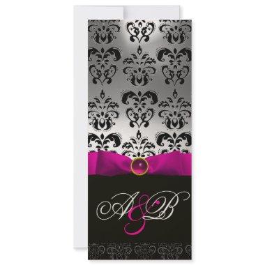 PINK FUCHSIA RIBBON WHITE BLACK DAMASK MONOGRAM Invitations