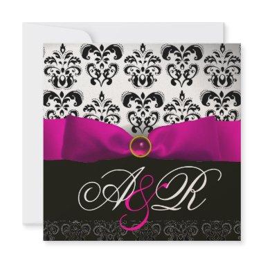 PINK FUCHSIA RIBBON WHITE BLACK DAMASK MONOGRAM Invitations