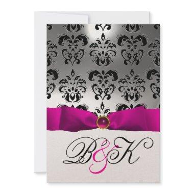 PINK FUCHSIA RIBBON WHITE BLACK DAMASK MONOGRAM Invitations