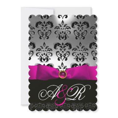 PINK FUCHSIA RIBBON WHITE BLACK DAMASK MONOGRAM Invitations