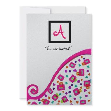 PINK FUCHSIA SILVER ABSTRACT DECO SQUARE MONOGRAM Invitations