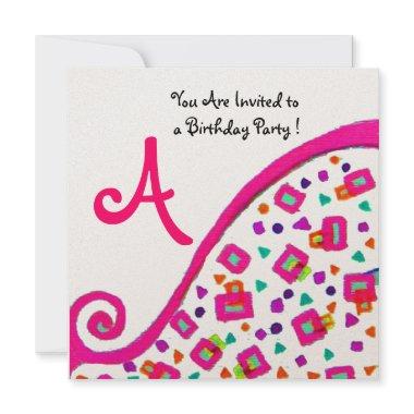 PINK FUCHSIA WHITE ABSTRACT DECO SQUARE MONOGRAM Invitations