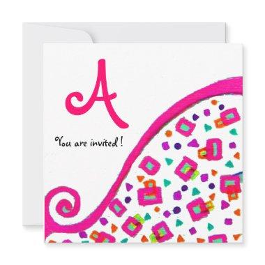 PINK FUCHSIA WHITE ABSTRACT DECO SQUARE MONOGRAM Invitations