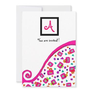 PINK FUCHSIA WHITE ABSTRACT DECO SQUARE MONOGRAM Invitations