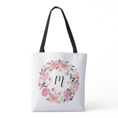 Pink Garden Flowers Wreath Monogram Tote Bag