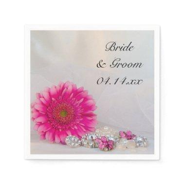 Pink Gerber Daisy and Diamond Buttons Wedding Paper Napkins