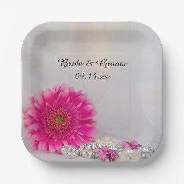 Pink Gerbera Daisy and Buttons Wedding Paper Plates